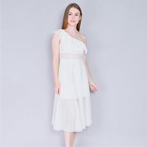 SANDRO One Shoulder White Eyelet Midi Dress | Romantic Bridal Shower Coastal